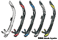 Atomic SV1 Snorkel | Atomic Aquatics SV Series Snorkels | Just like the one-way Scupper Valve on a boat, the lower section of both the SV1 and SV2 enable water to be easily expelled. The diver simply exhales a small burst of air to clear any water trapped below the mouthpiece, and the internal tube airway is kept dry. It’s so simple and so effective Atomic has a patent pending!