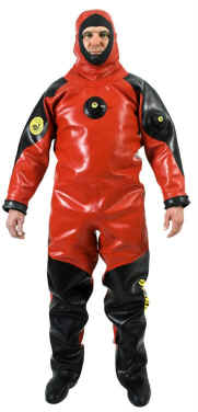 Viking HD Commercial Diving Drysuit | The Viking Heavy-Duty HD 1500 and Heavy-Duty HD 1500 Wide vulcanized rubber dry suits have strong reinforcements on the shoulders, crotch and legs to withstand the wear and tear of the equipment used. Commercial divers use a wide range of straps and harnesses. The dimensions of the wide models are designed to meet the demands of commercial divers, and the long heavy-duty zipper makes the suit easy to don. Many hood options (latex, neoprene, and rubber) and yokes (for Aquadyne, Comex, Desco, Draeger, Miller, and Superlite helmets) are available for Viking HD 1500 drysuits. Please contact us for a Viking Heavy-Duty HD 1500 dry suit equipped to your specifications. | Trelleborg Viking HD commercial diving drysuits. | Popular for many Public Safety Diving, SAR, Commercial Diving, and Military applications.