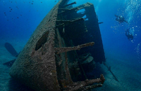 "Dori", a ship that participated in the military Operation Overlord. She rests at about 20mts of depth on a sandy bottom and is one of the most popular dive spots in the Azores archipelago. | Scuba Center Dive Travel