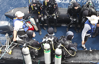 All diving is conducted from a panga (also known as an inflatable or tender). Divers will prepare their gear on the dive deck of the Galapagos Sky. | Scuba Center dive travel